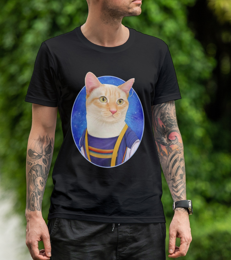 13th Doctor Mew Cat In Space-Themed Outfit With Blue Background T-Shirt
