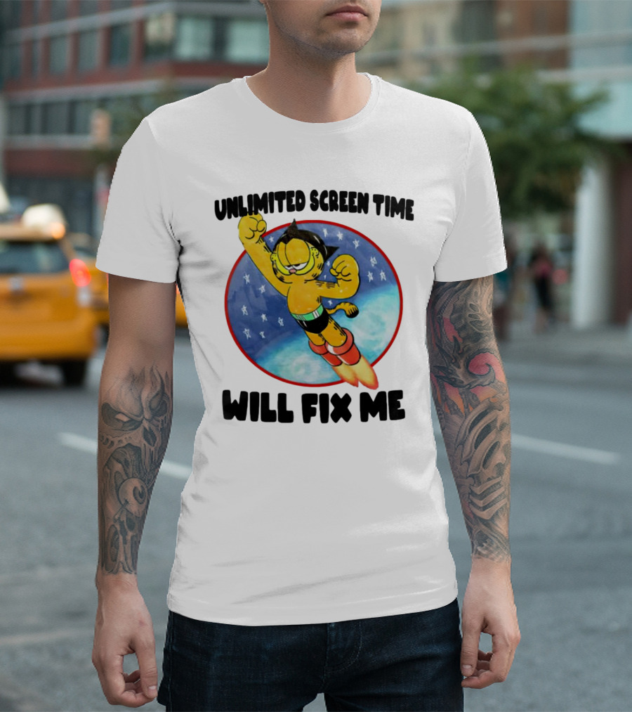 Unlimited Screen Time Will Fix Me Garfield Superhero Flight T-Shirt