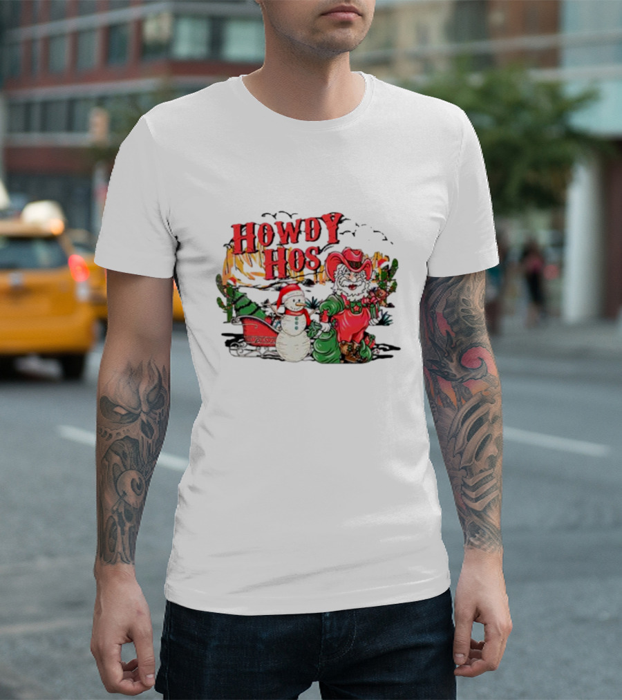 Howdy Hos Santa Snowman Sled Cowboy Christmas Scene T-Shirt