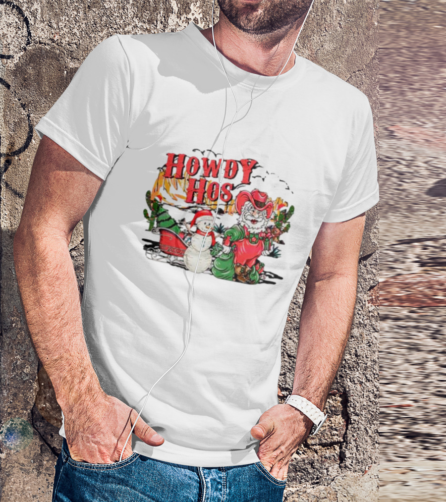 Howdy Hos Santa Snowman Sled Cowboy Christmas Scene T-Shirt