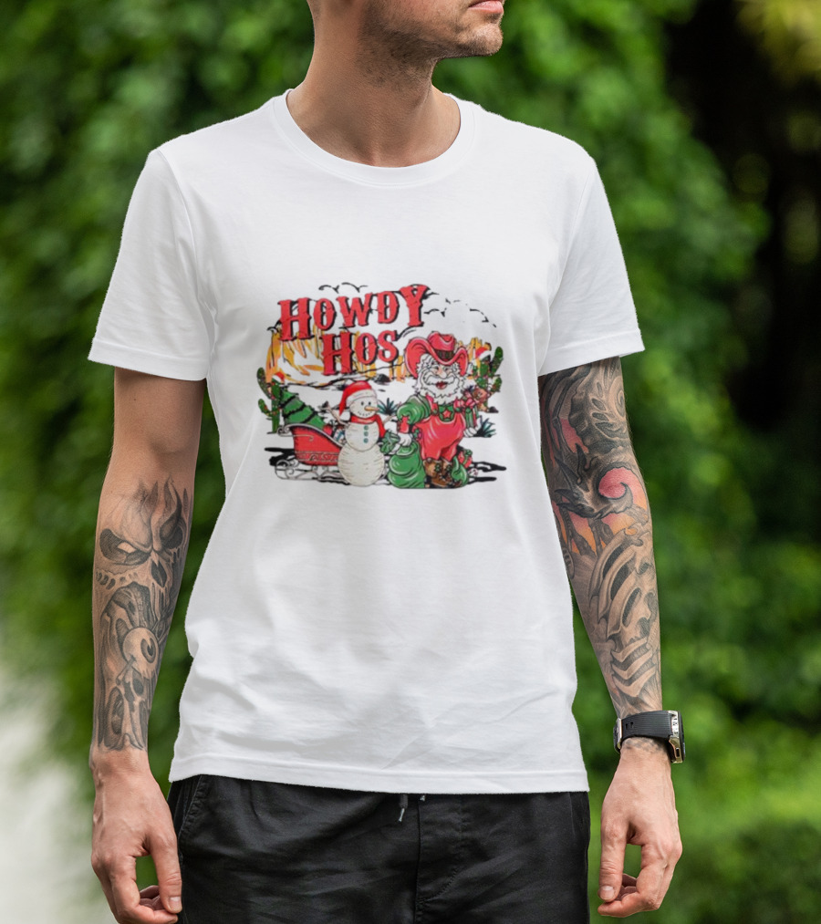Howdy Hos Santa Snowman Sled Cowboy Christmas Scene T-Shirt