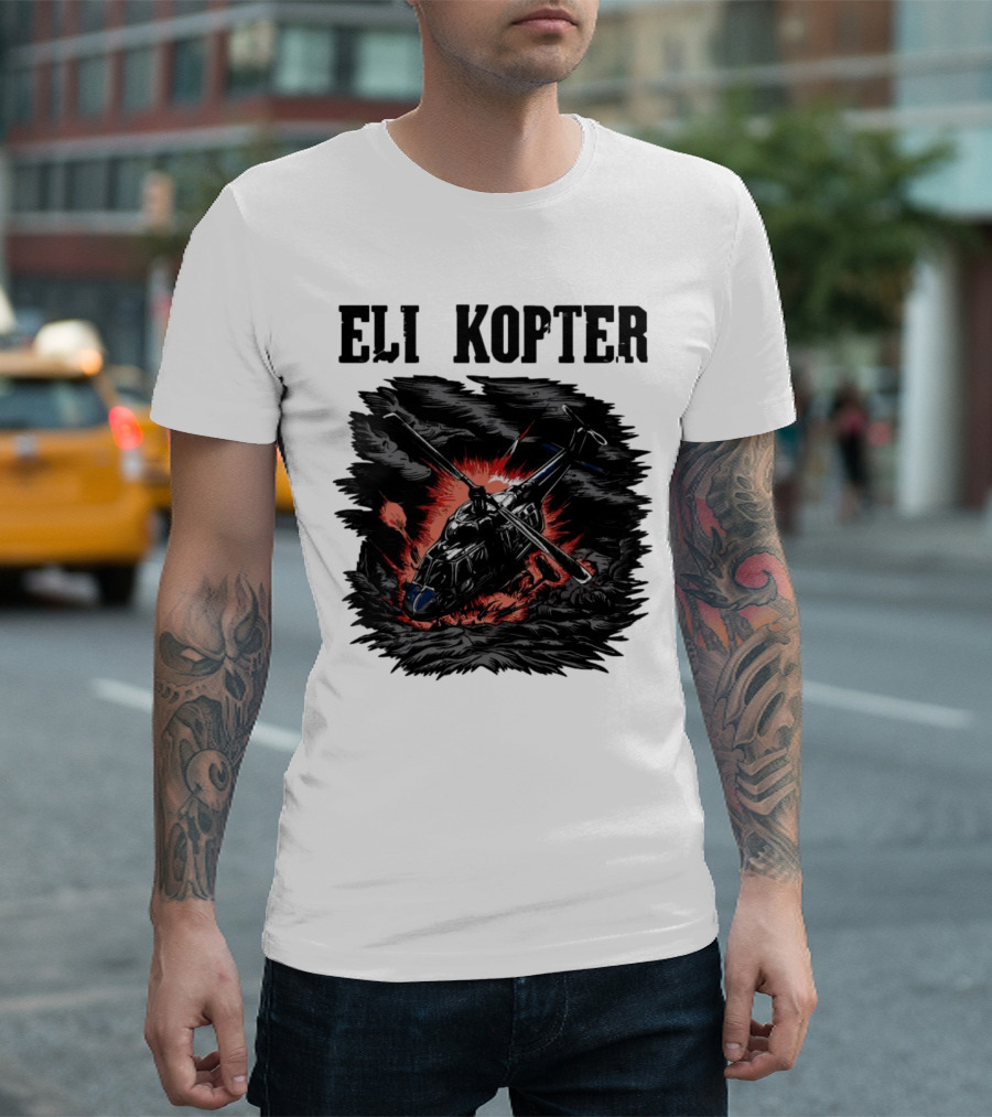 Eli Kopter Helicopter in Stormy Sky with Red Explosion T-Shirt