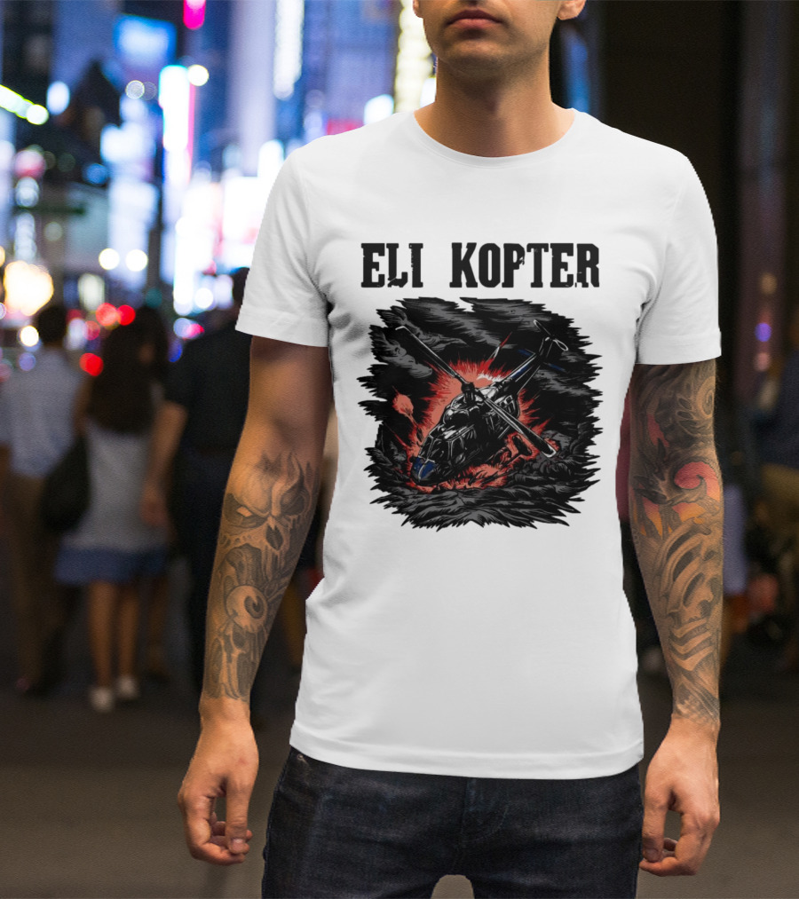 Eli Kopter Helicopter In Stormy Sky With Red Explosion T-Shirt