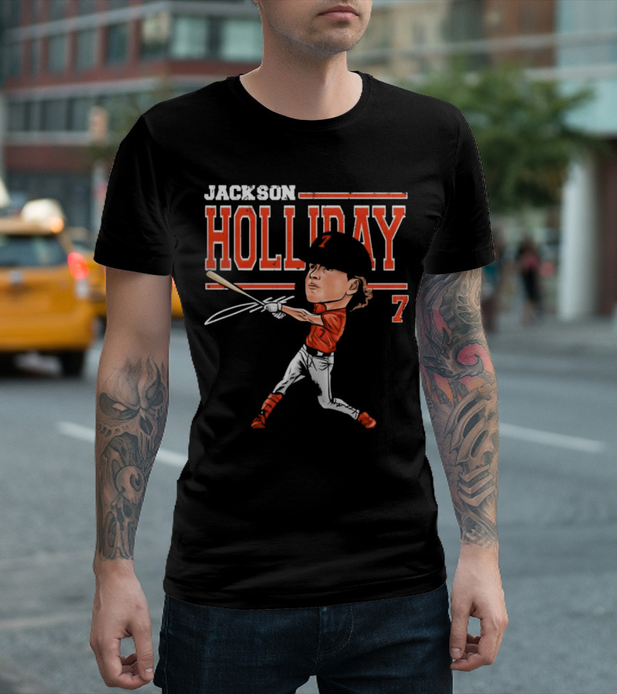 Jackson Holliday Baltimore Orioles Cartoon Batting Stance Number 7 T-Shirt