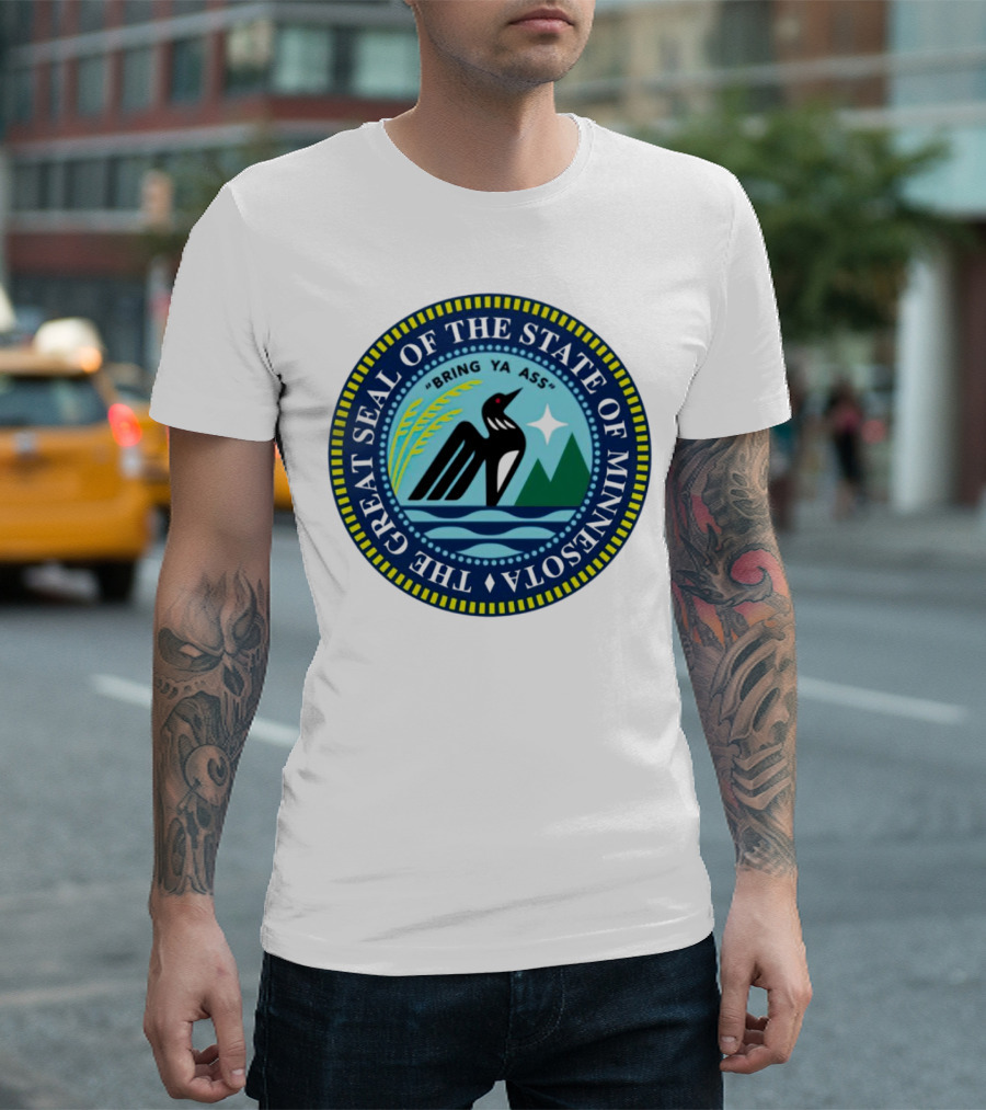 The Great Seal Of The State Of Minnesota Bring Ya Ass Black Bird Mountains Waves Star T-Shirt