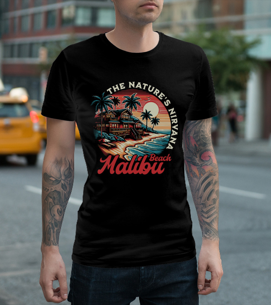 The Nature's Nirvana Malibu Beach Retro Sunset Scene T-Shirt