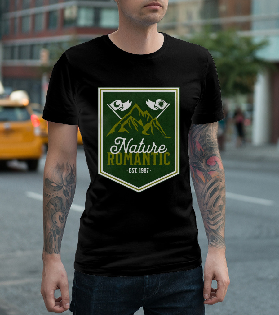 Nature Romantic Est. 1987 Mountain Adventure Sun Moon Flags T-Shirt