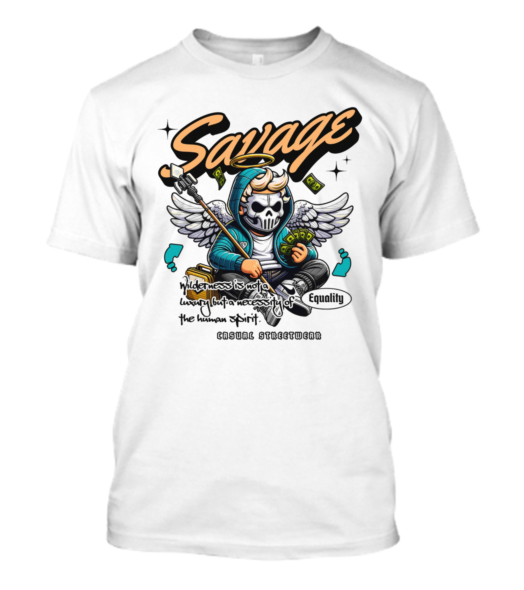 Savage Casual Streetwear Winged Masked Character With Money And Halo T-Shirt