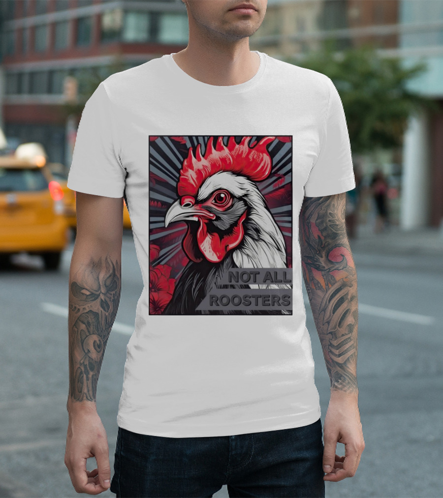 Not All Roosters Bold Graphic Rooster Illustration With Red And Black Highlights T-Shirt