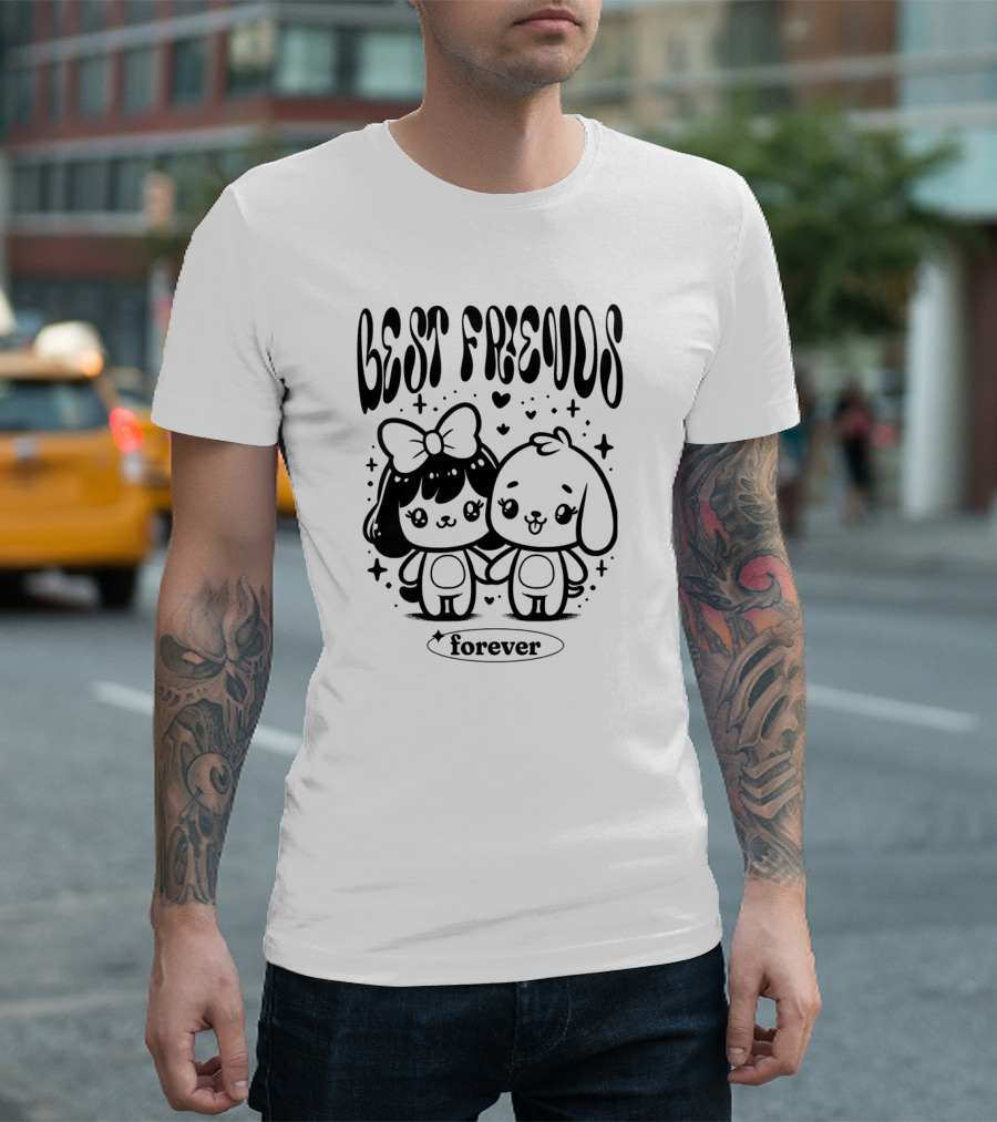 BEST FRIENDS FOREVER Cute Cartoon Characters Holding Hands With Hearts And Stars T-Shirt