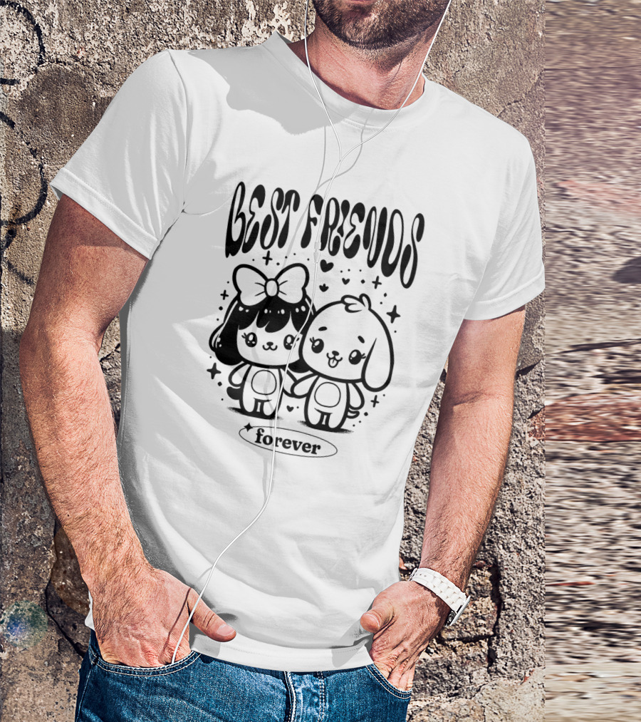 BEST FRIENDS FOREVER Cute Cartoon Characters Holding Hands With Hearts And Stars T-Shirt