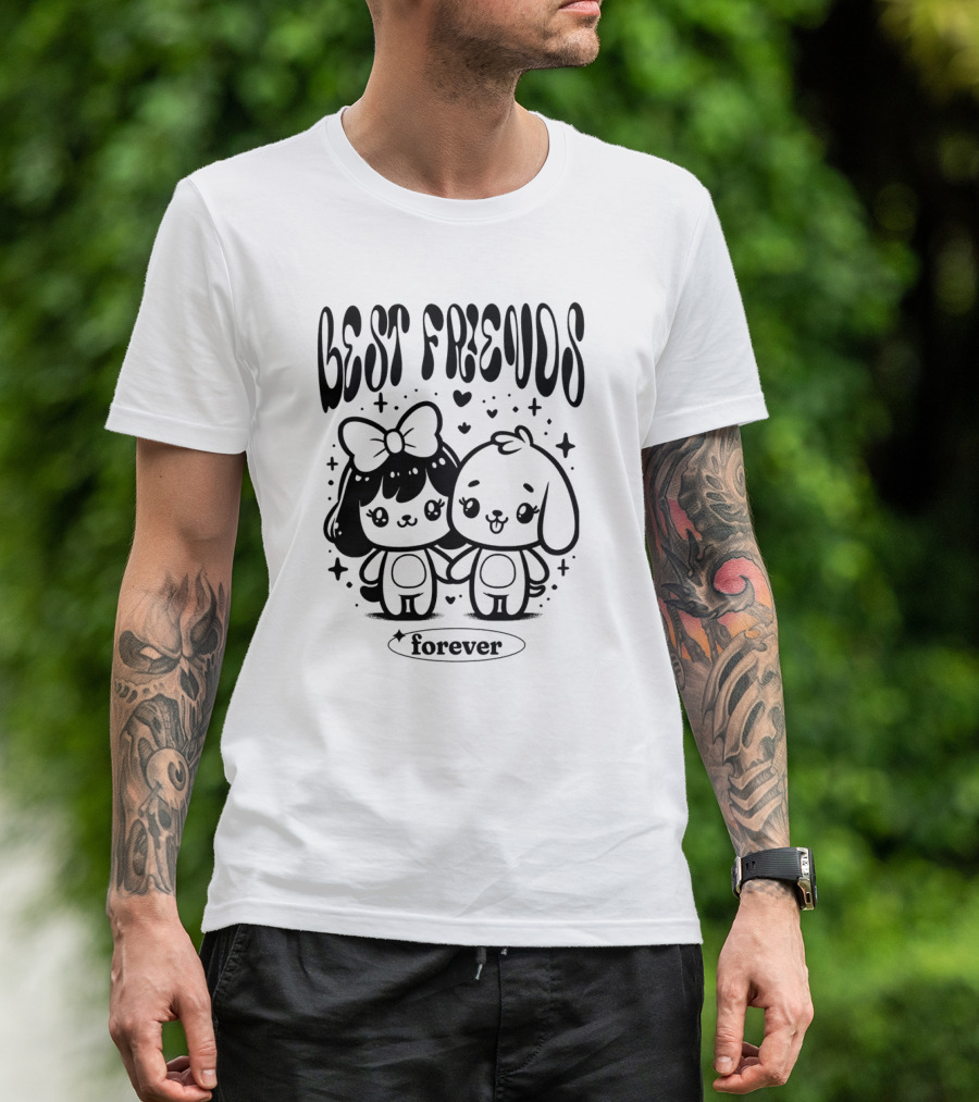 BEST FRIENDS FOREVER Cute Cartoon Characters Holding Hands With Hearts And Stars T-Shirt