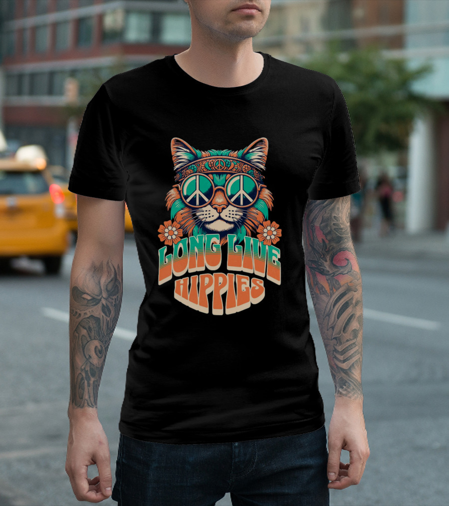 Long Live Hippies Cat with Peace Sign Glasses and Flowers T-Shirt