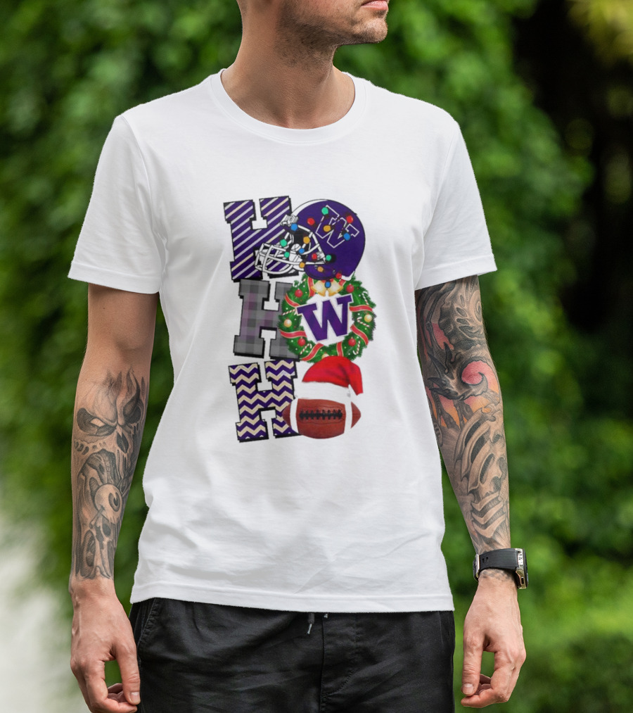 Washington Huskies Football Christmas Ho Ho Ho Helmet Wreath Ball T-Shirt
