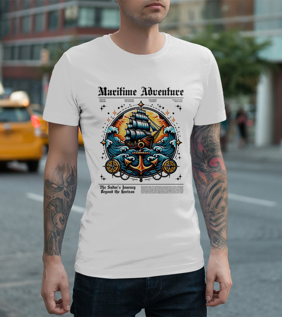 Maritime Adventure The Sailor's Journey Beyond the Horizon Anchors Waves Ship Compass T-Shirt