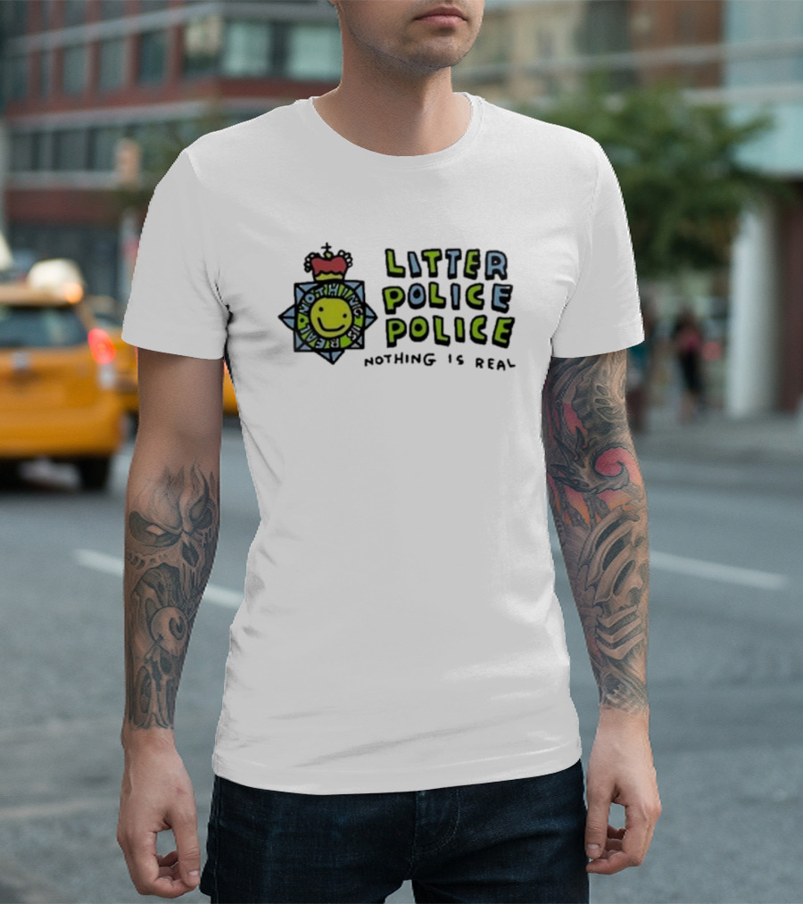 Zoebread Litter Police Police Nothing Is Real Emblem with Smiley Badge T-Shirt