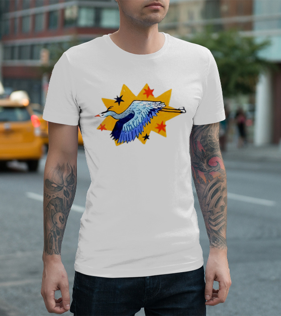 Grey Heron Flying Against Starry Yellow Burst T-Shirt