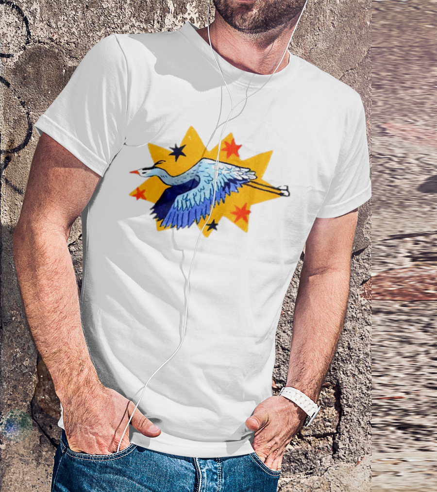 Grey Heron Flying Against Starry Yellow Burst T-Shirt