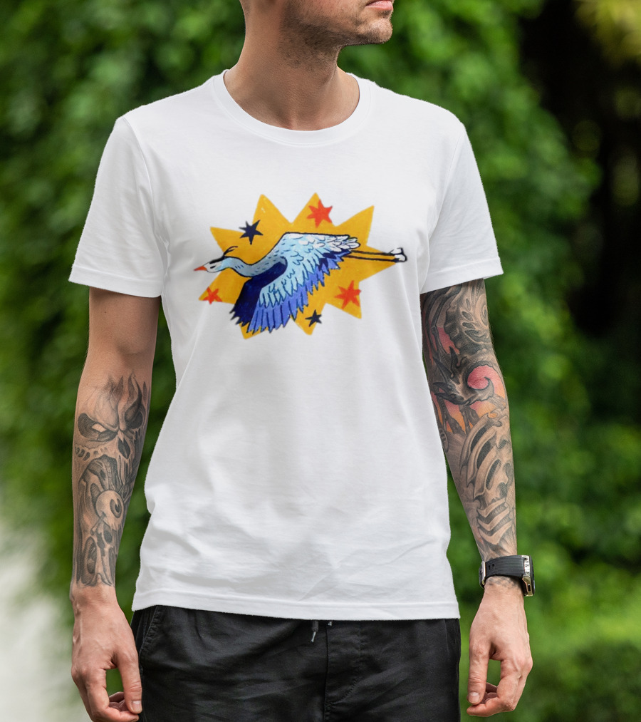 Grey Heron Flying Against Starry Yellow Burst T-Shirt