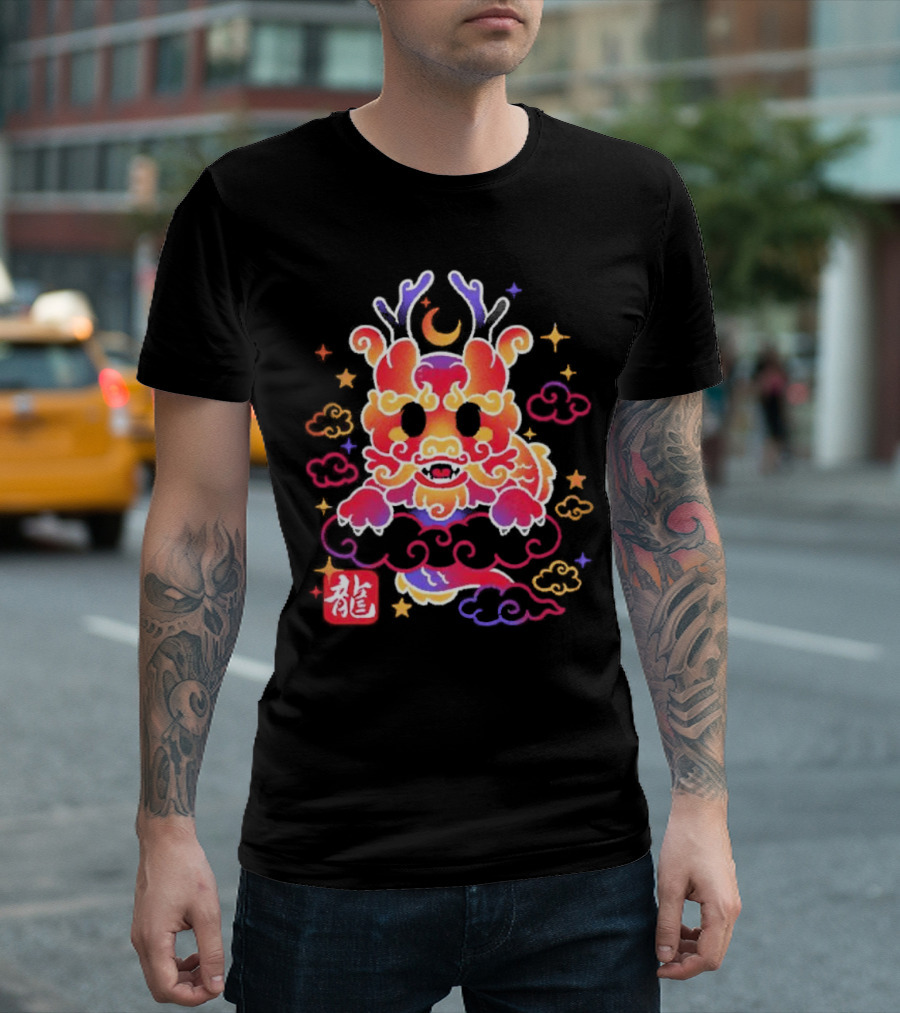 Kawaii Chinese Dragon with Colorful Clouds and Stars Asian Aesthetic T-Shirt