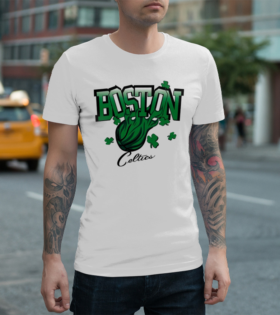 Boston Celtics Vintage Shamrock Basketball Flame T-Shirt