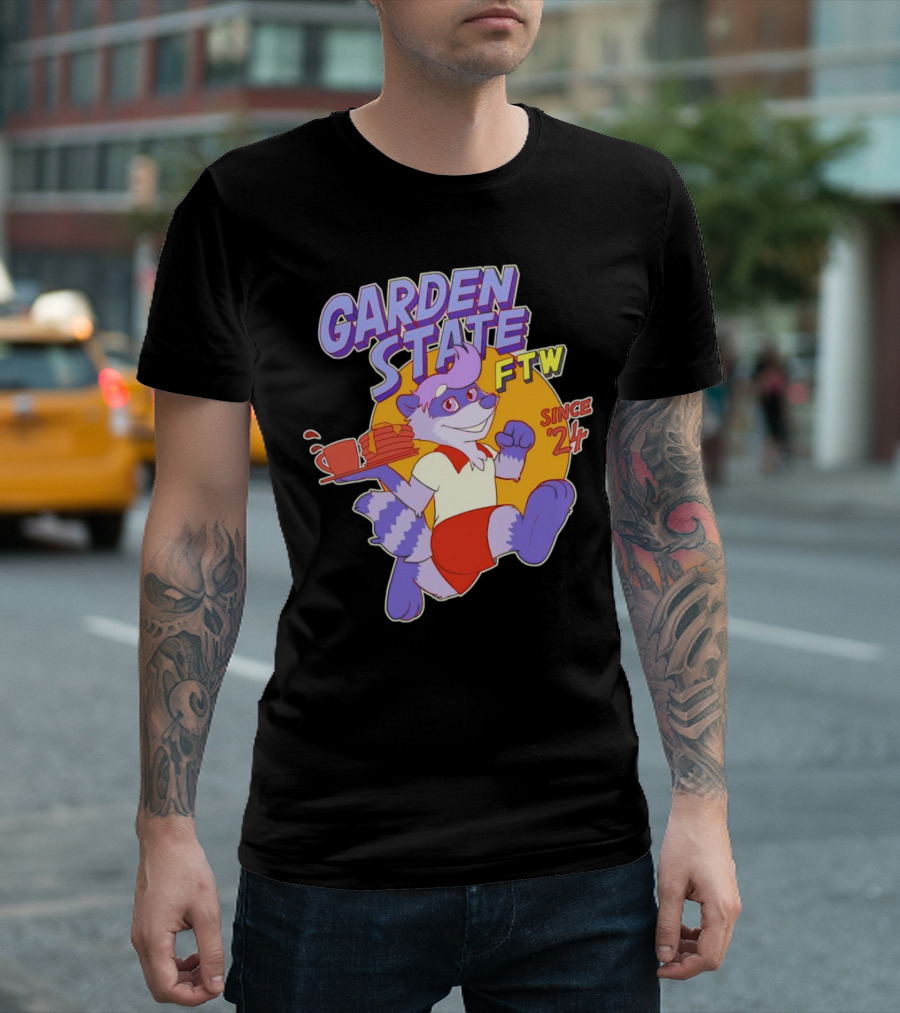 Garden State FTW Since 24 Cartoon Raccoon Serving Pancakes T-Shirt