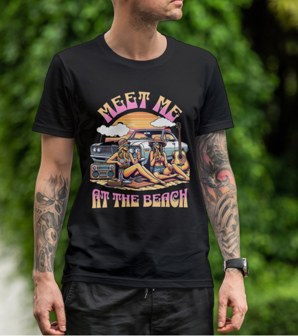 Meet Me At The Beach Sunset Paradise With Classic Car And Guitar T-Shirt