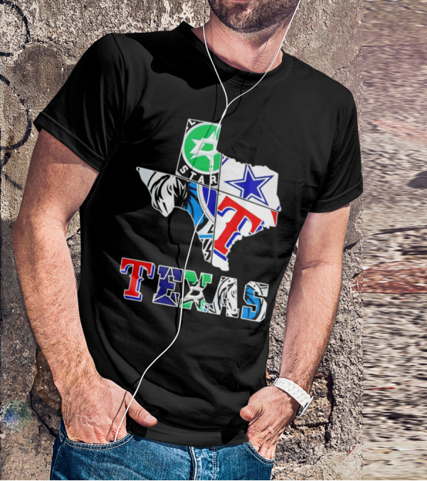 Dallas Hockey Cowboys Rangers Mavericks Texas Map T-Shirt