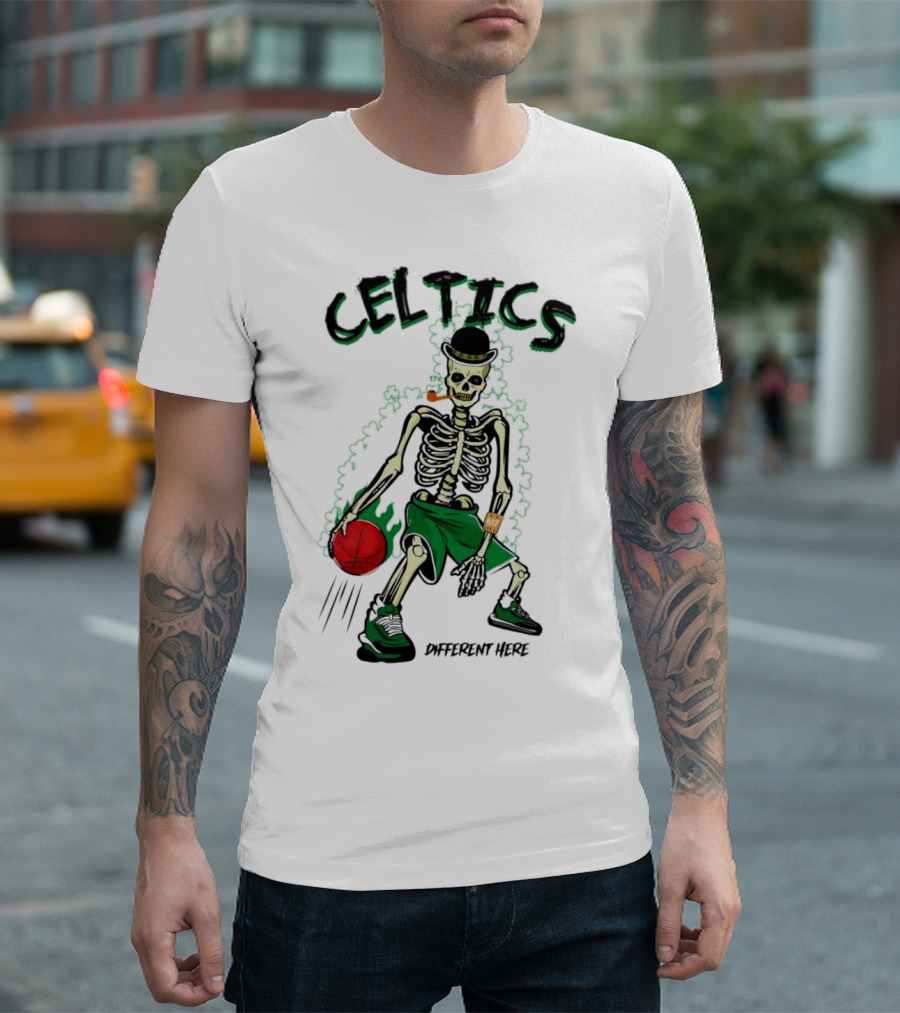 Celtics Skeleton Dribbling Basketball Different Here T-Shirt