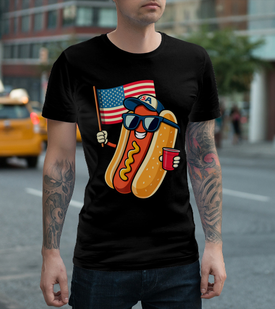 Fourth of July USA Hotdog with American Flag and Sunglasses T-Shirt