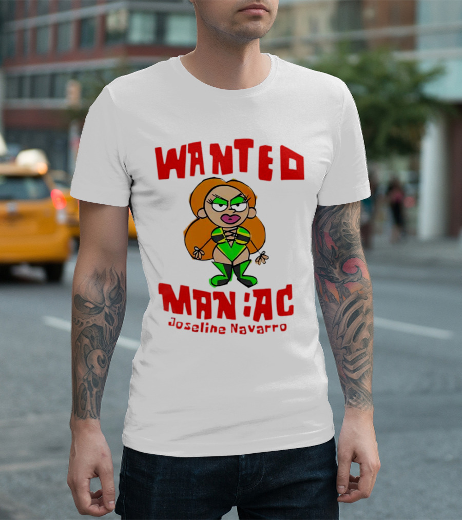 Wanted Maniac Joseline Navarro Cartoon Character in Green T-Shirt