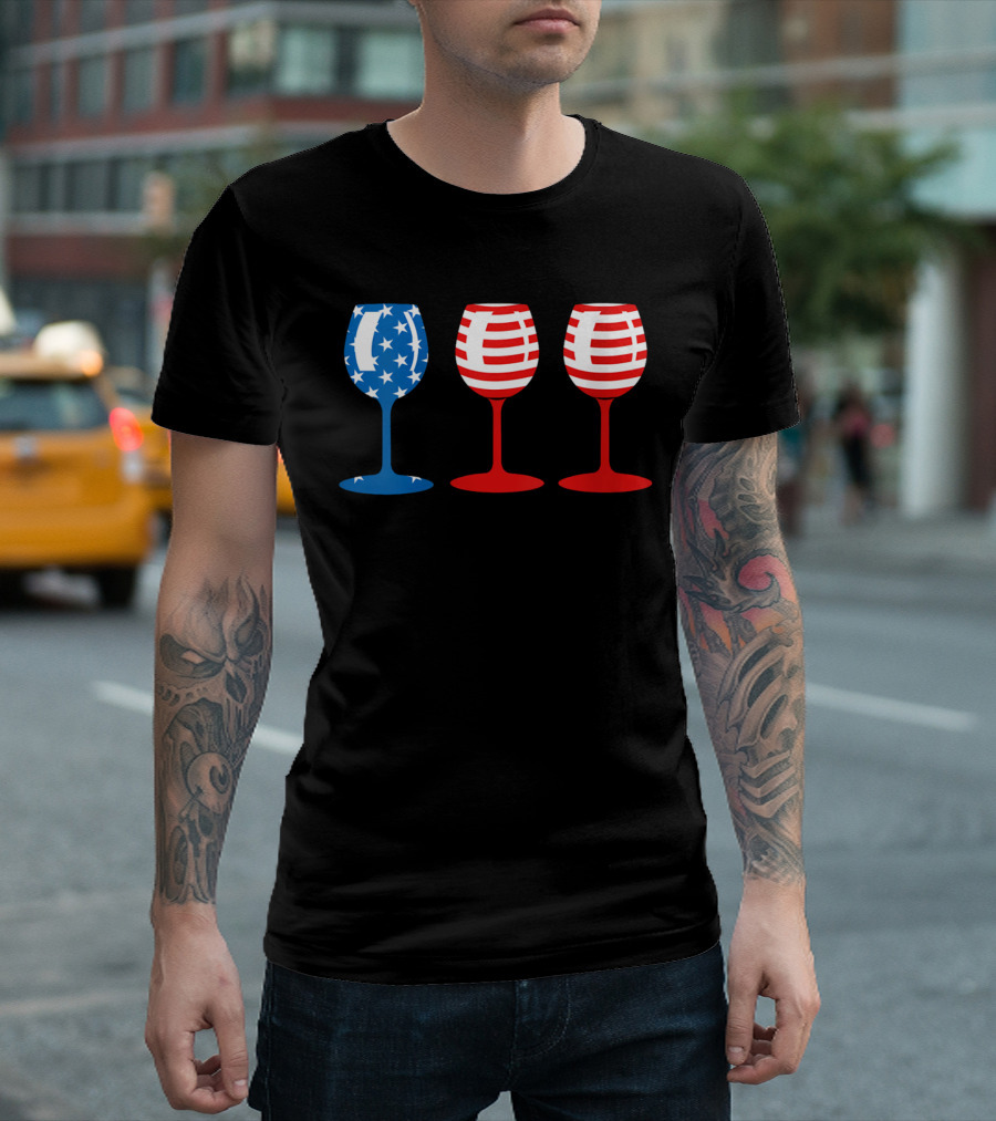 American Flag Fourth Of July Wine Glass Trio Stars And Stripes Patriotic T-Shirt