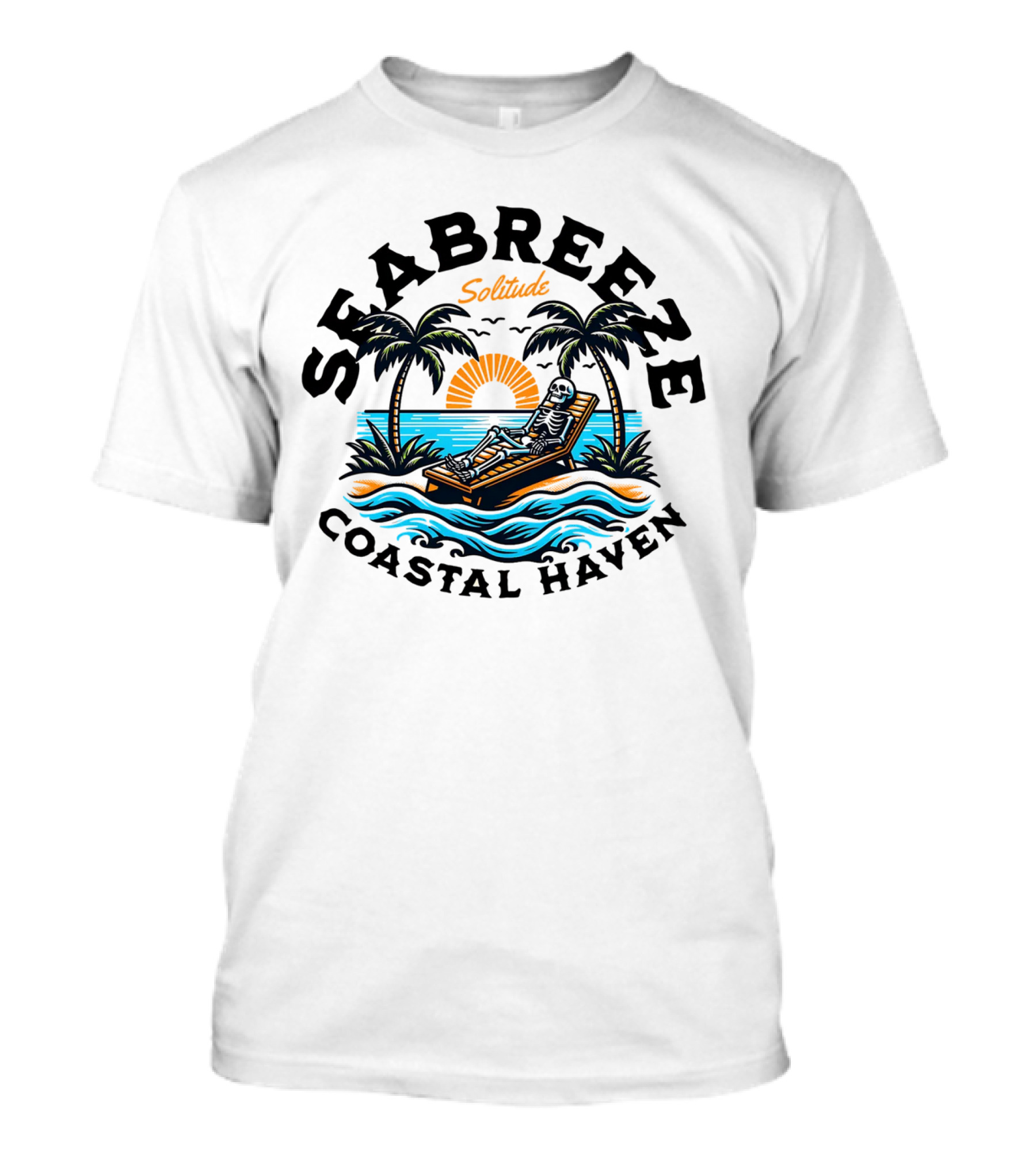 Seabreeze Solitude Coastal Haven Sunset Skeleton On Beach Chair T-Shirt