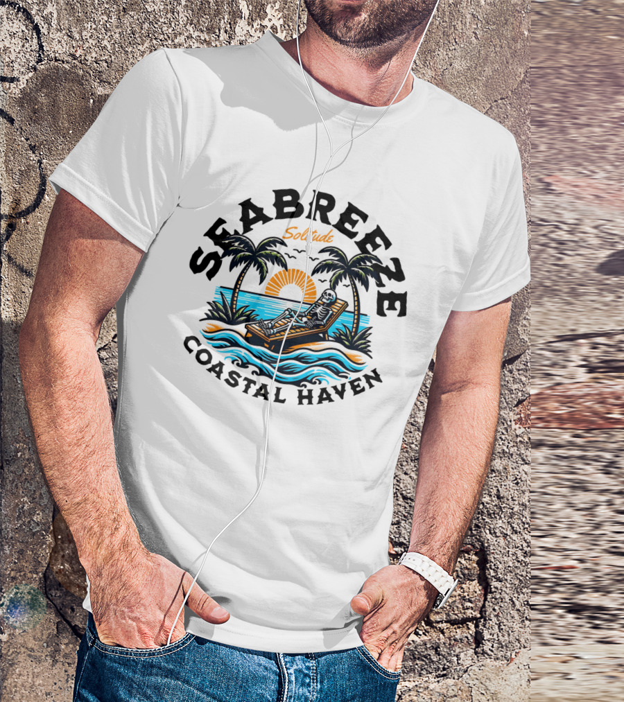Seabreeze Solitude Coastal Haven Sunset Skeleton On Beach Chair T-Shirt