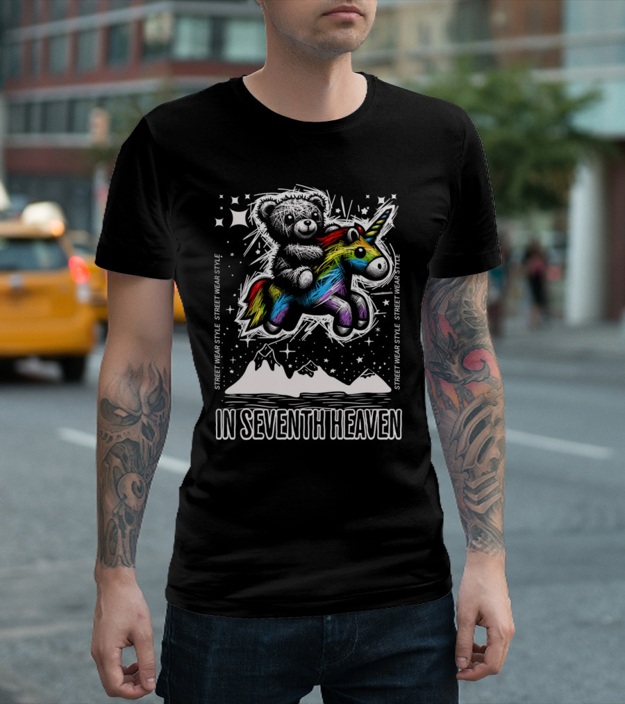 STREET WEAR STYLE Teddy and Rainbow Unicorn Adventure in Seventh Heaven T-Shirt