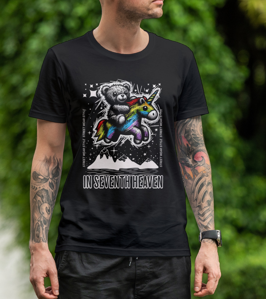 STREET WEAR STYLE Teddy And Rainbow Unicorn Adventure In Seventh Heaven T-Shirt