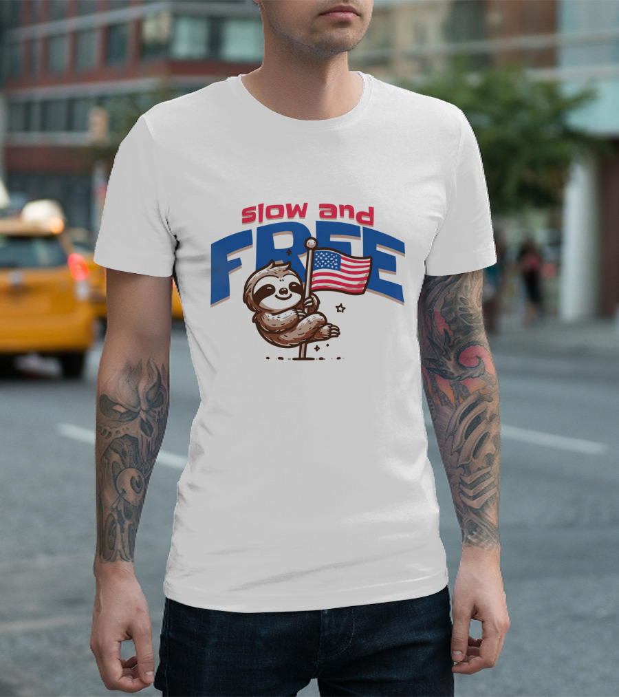 Slow And Free Sloth With American Flag T-Shirt