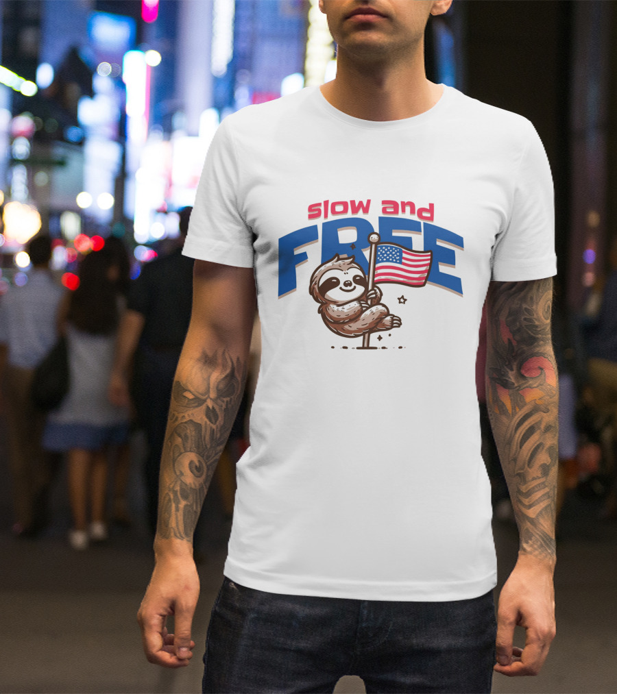 Slow And Free Sloth With American Flag T-Shirt