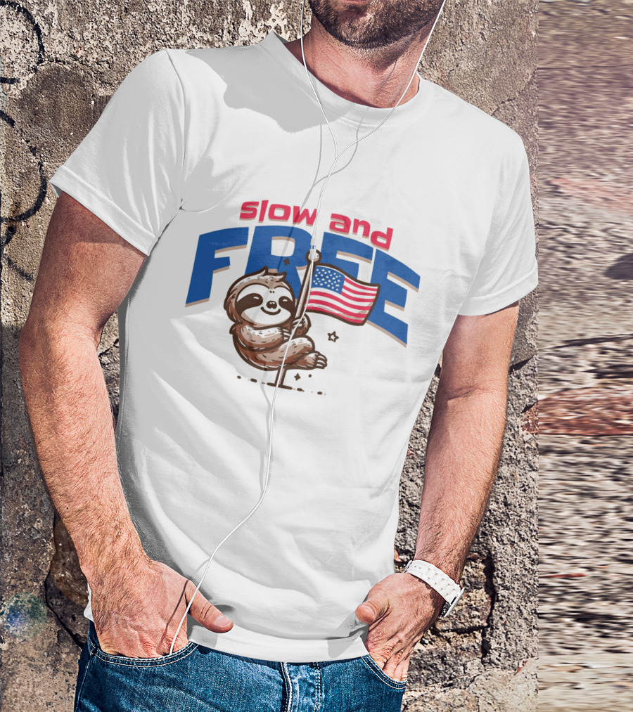 Slow And Free Sloth With American Flag T-Shirt