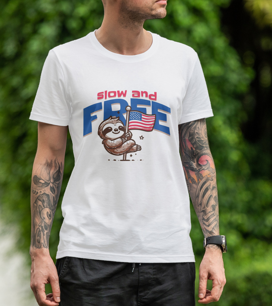 Slow And Free Sloth With American Flag T-Shirt
