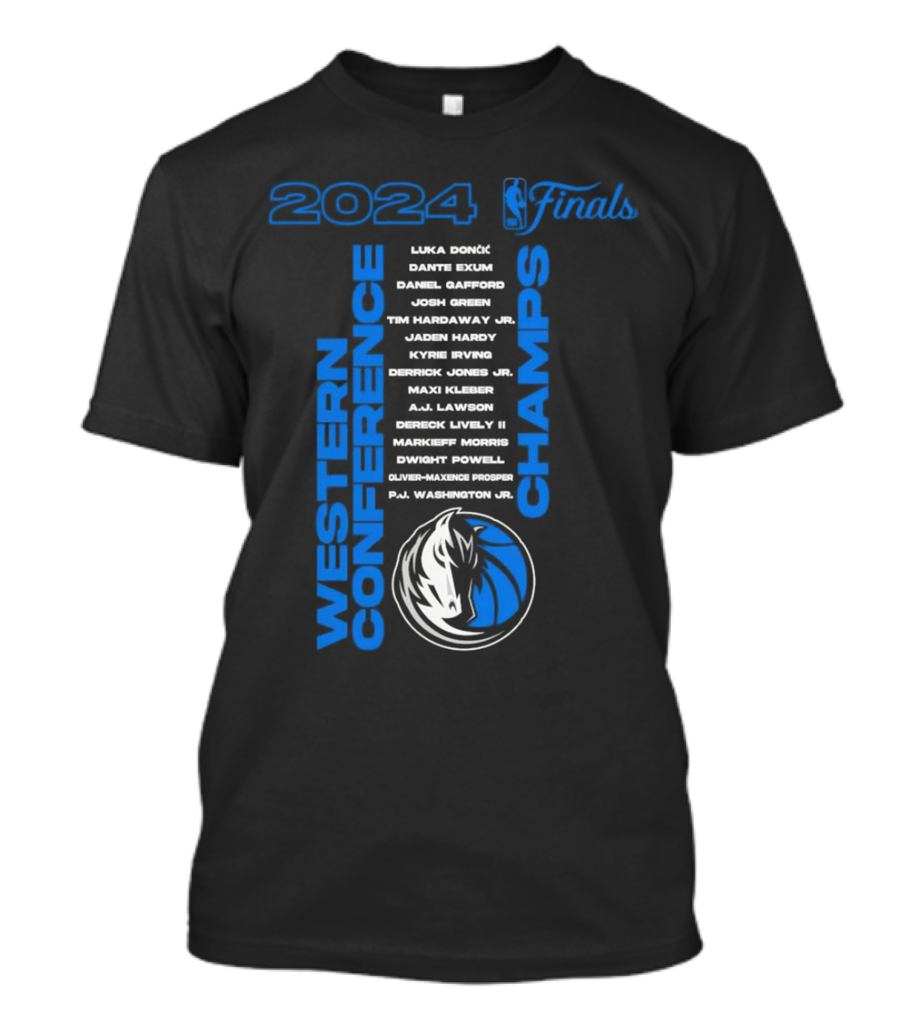 Dallas Mavericks 2024 Finals Western Conference Champs Luka Dončić Kyrie Irving Maxi Kleber Jaden Hardy Dwight Powell Markieff Morris Roster T-Shirt