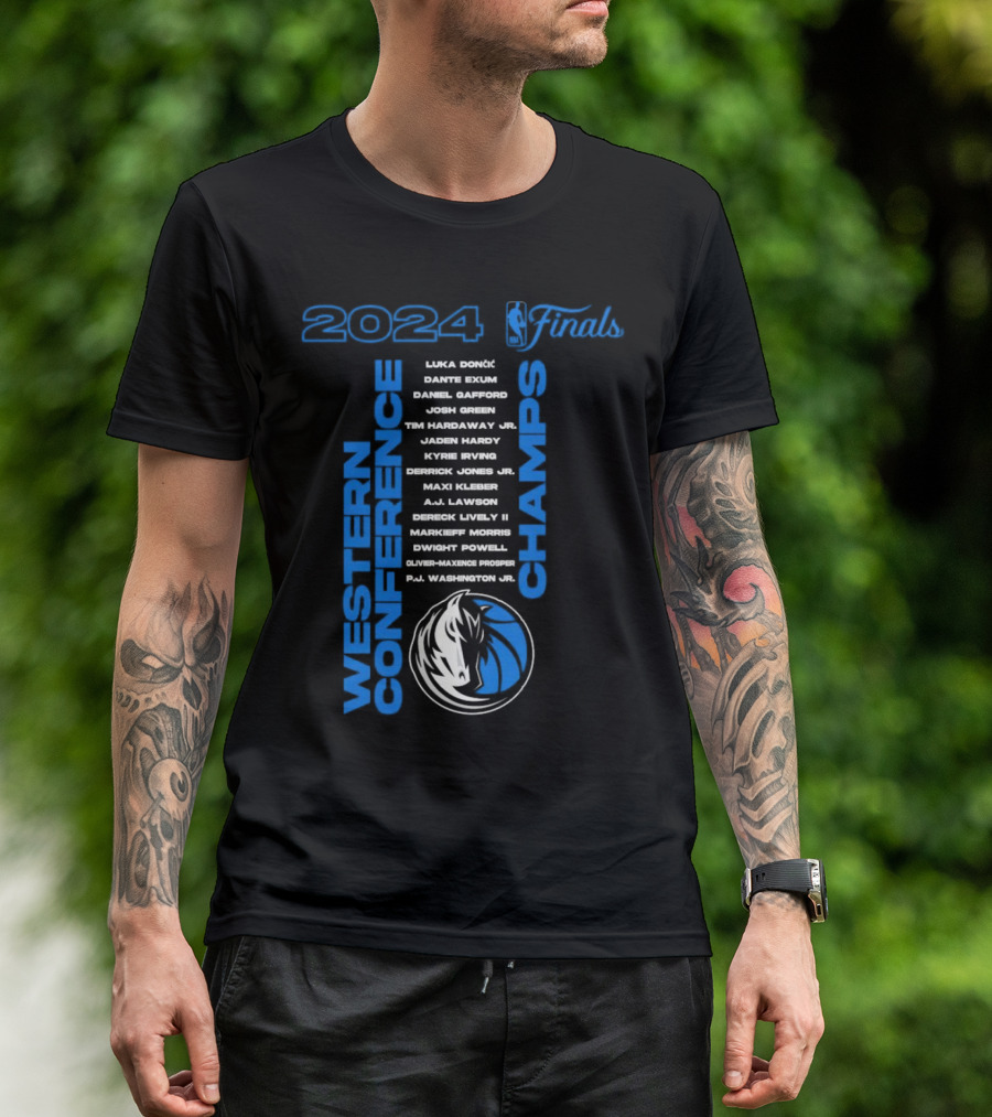 Dallas Mavericks 2024 Finals Western Conference Champs Luka Dončić Kyrie Irving Maxi Kleber Jaden Hardy Dwight Powell Markieff Morris Roster T-Shirt