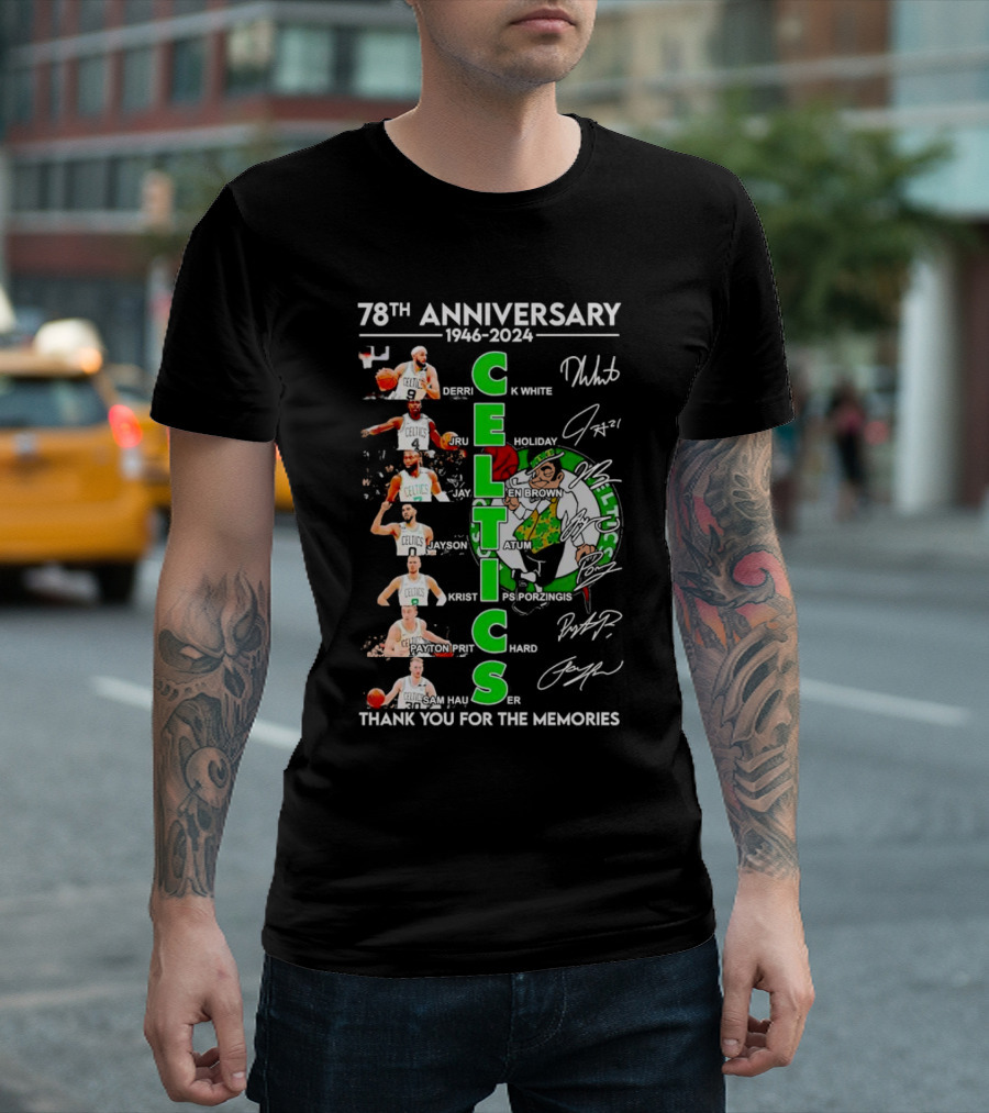 Boston Celtics 78th Anniversary 1946-2024 Thank You For The Memories Derrick White Jrue Holiday Jaylen Brown Jayson Tatum Kristaps Porzingis Payton Pritchard Sam Hauser T-Shirt