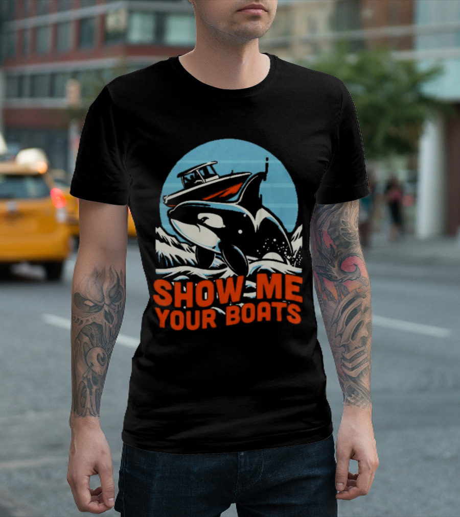 Orca Breaching Waves with Speedboat Show Me Your Boats T-Shirt