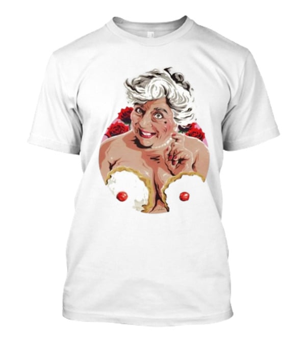Nordacious Miriam Margolyes Humorous Portrait With Cakes And Roses T-Shirt