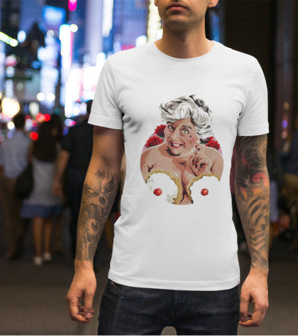 Nordacious Miriam Margolyes Humorous Portrait With Cakes And Roses T-Shirt