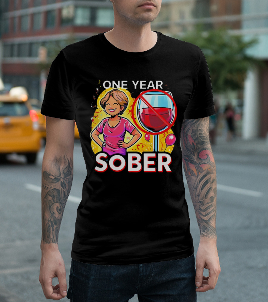 One Year Sober Celebration With Joyful Woman And No Wine T-Shirt