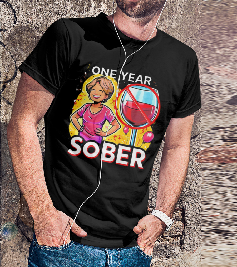 One Year Sober Celebration With Joyful Woman And No Wine T-Shirt