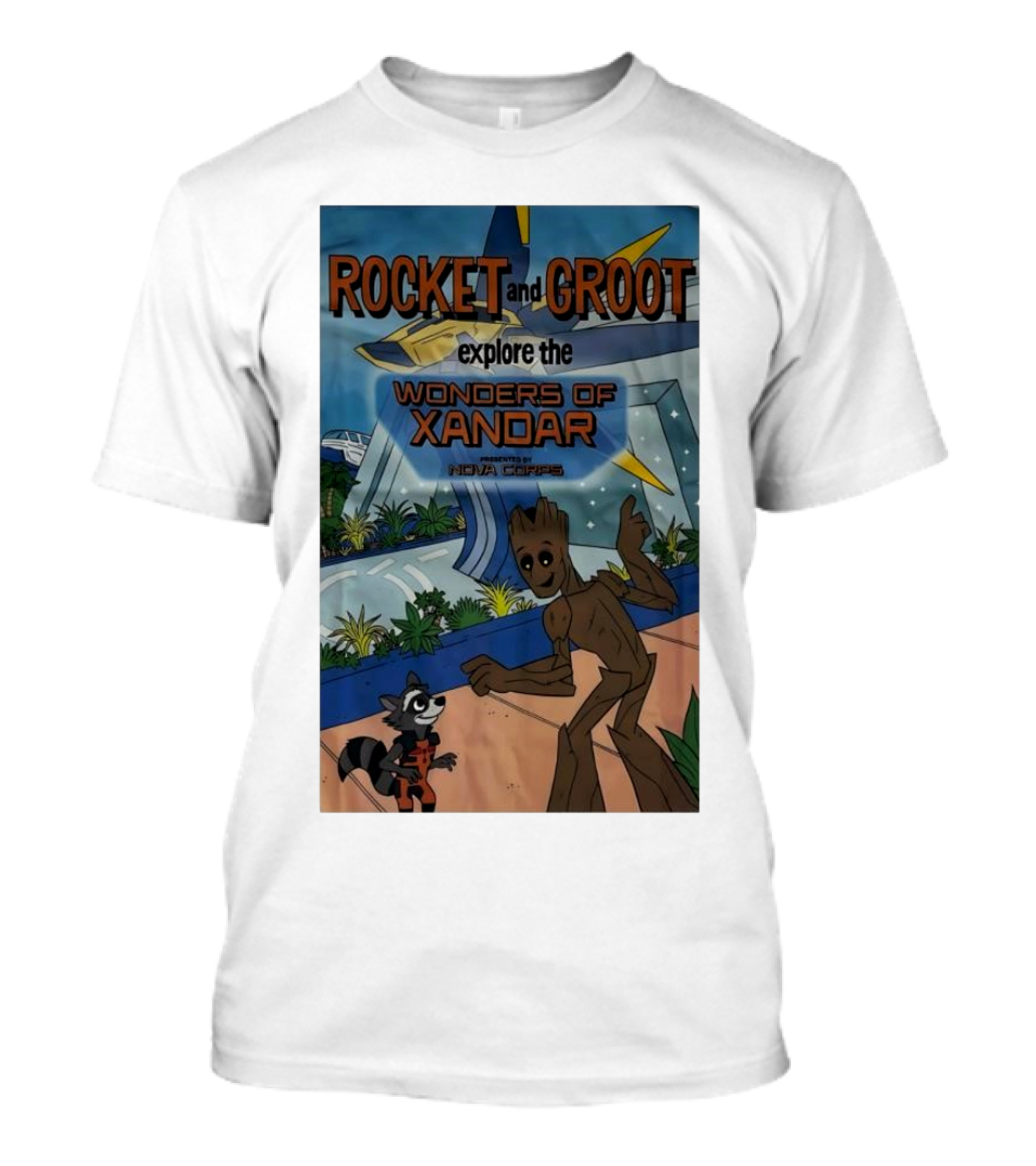 Rocket And Groot Explore The Wonders Of Xandar Featuring The Nova Corps T-Shirt