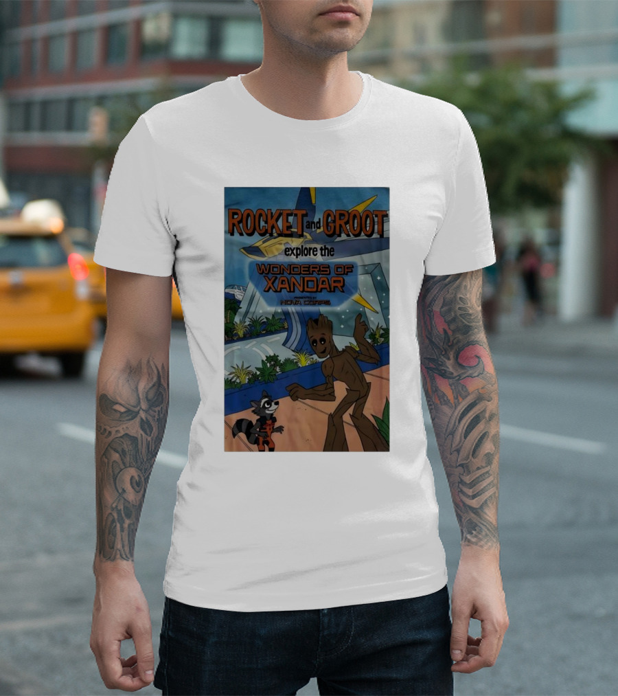 Rocket And Groot Explore The Wonders Of Xandar Featuring The Nova Corps T-Shirt